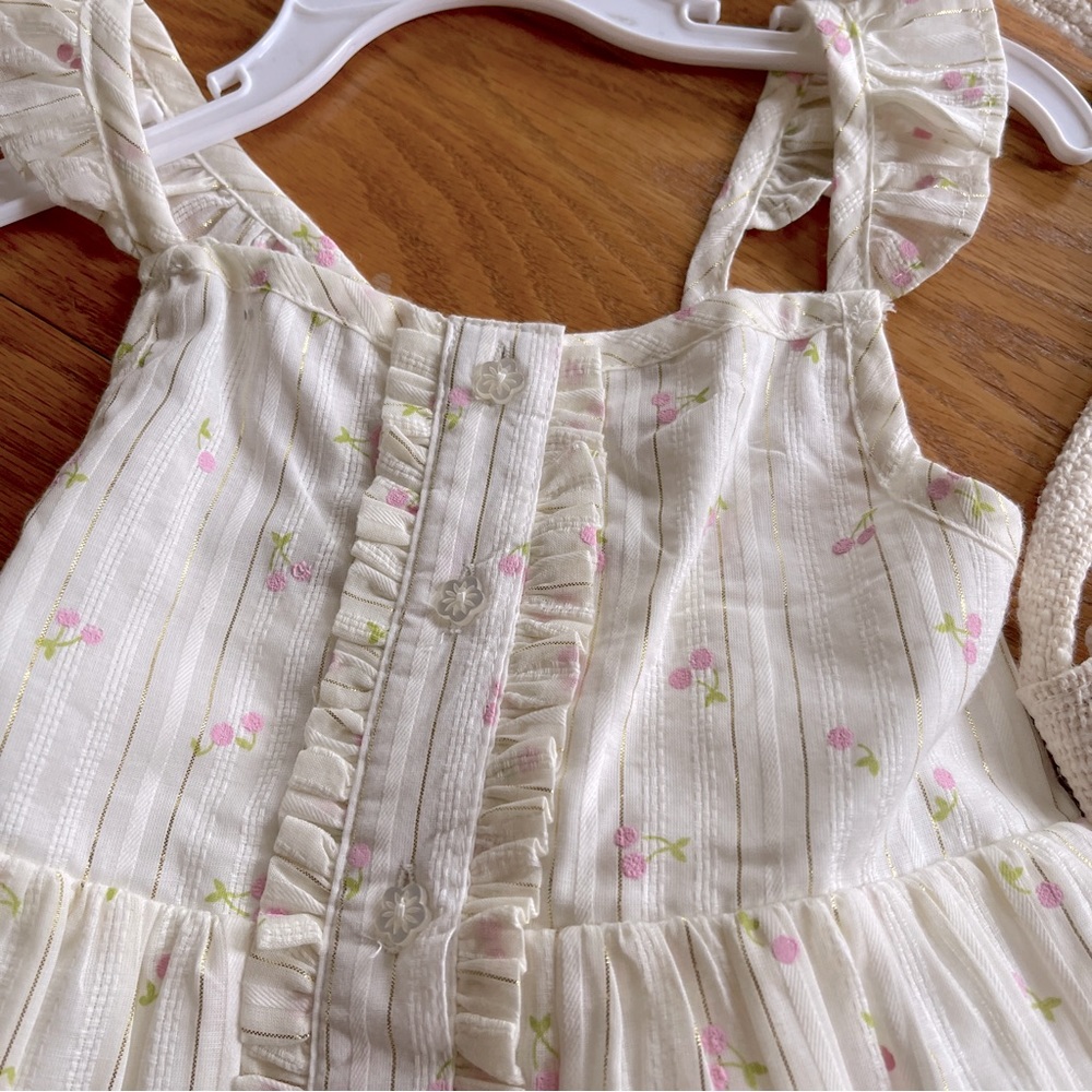 Tahari Cotton Front Button Dress With Ruffles and Straw Purse Girls Size 5 - Picture 3 of 8